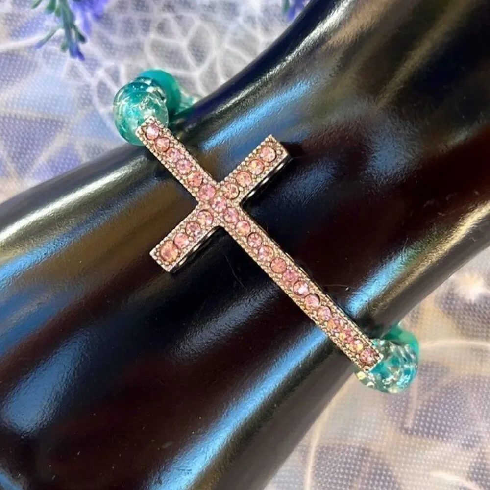 Pink Crystal Cross Stretch Bracelet